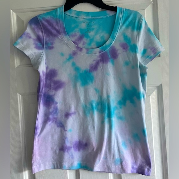 PRESWICK & MOORE Cotton Candy Tie Dye Scoop Neck Tee Purple BLUE SIZE PL Petite - Picture 1 of 4